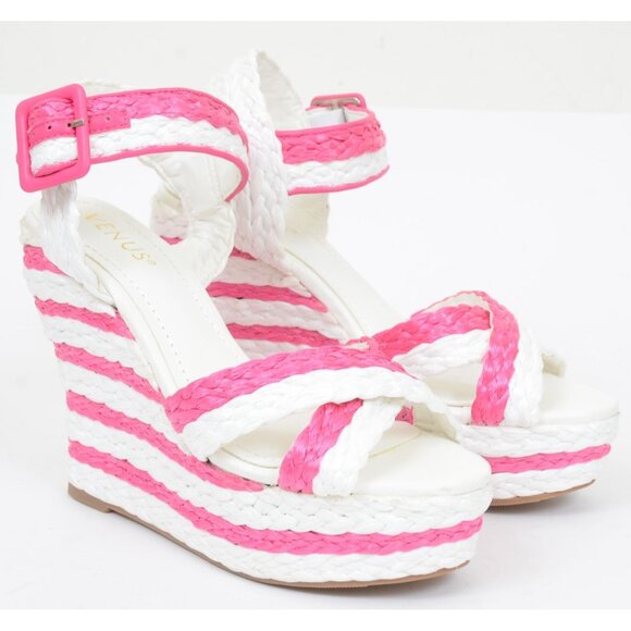 Venus Jess Women's 9 Hot Pink Stripe Platform Wedge Sandals Feminine Colorful - Picture 2 of 8